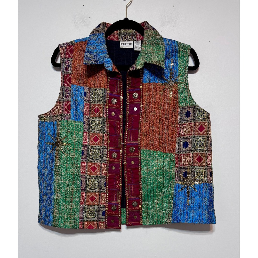 Chico's Patchwork Quilted Vest in Blue, Green, Rust & Burgundy